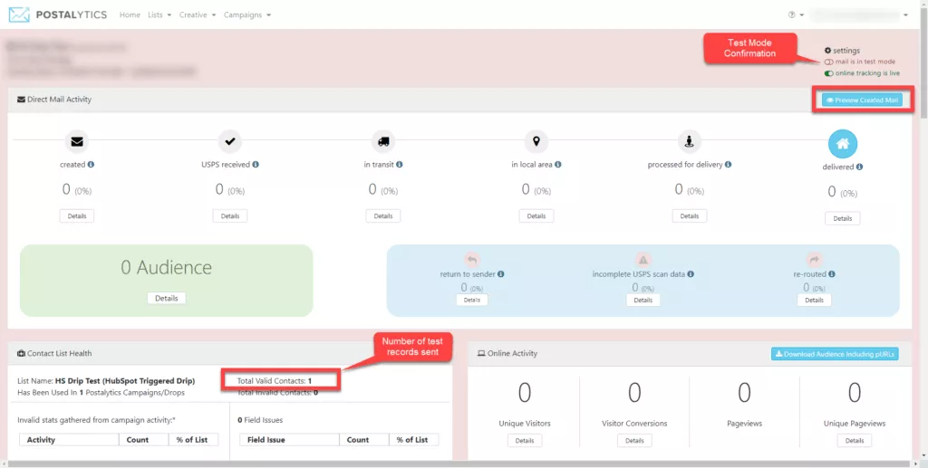 Triggered Drip Test Dashboard Toggle Valid Contacts