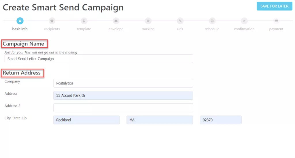 Smart Send Wizard Basic Information Name Return Address