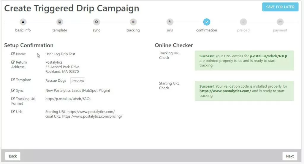 Triggered Drip Wizard Confirmation Page DNS URL Confirmation