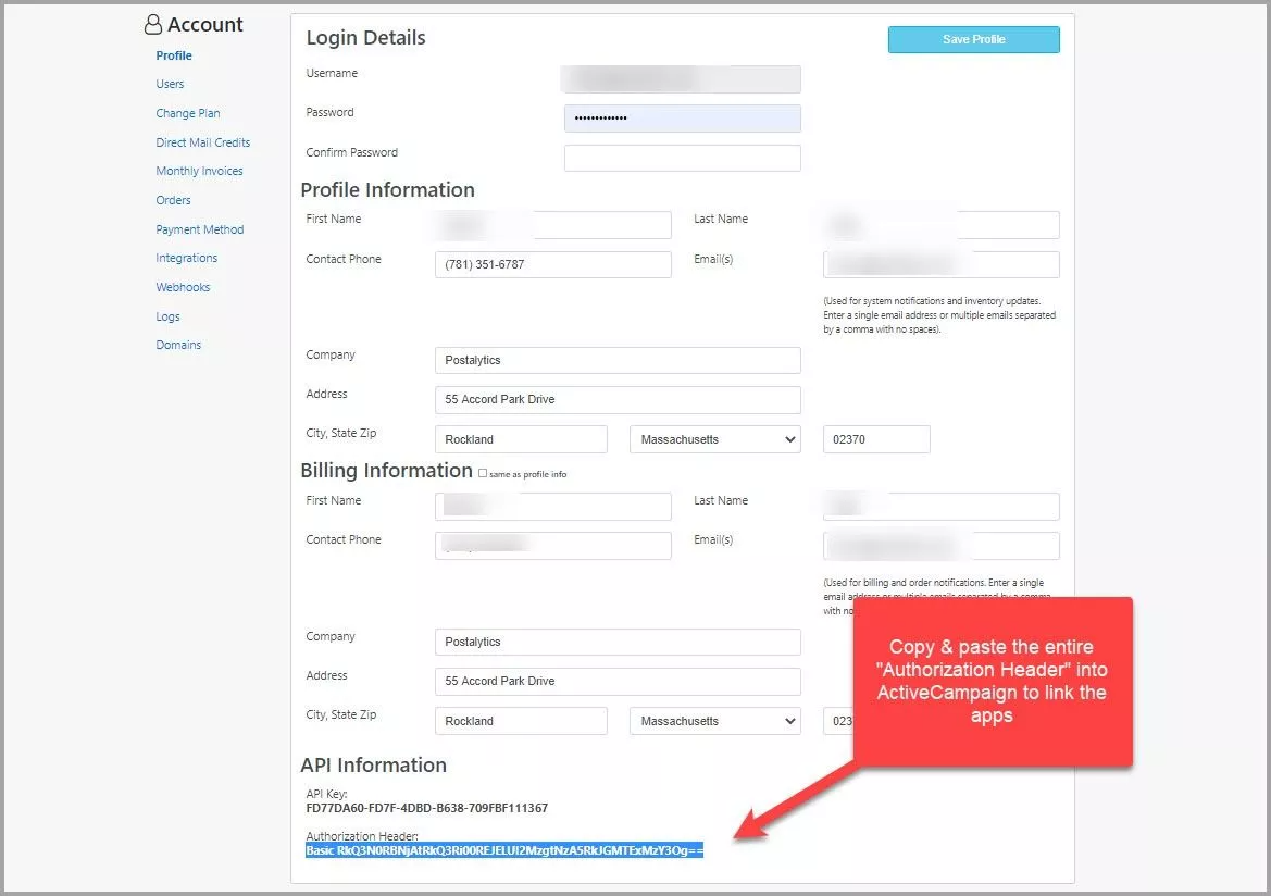 Copy authorization header from Postalytics profile
