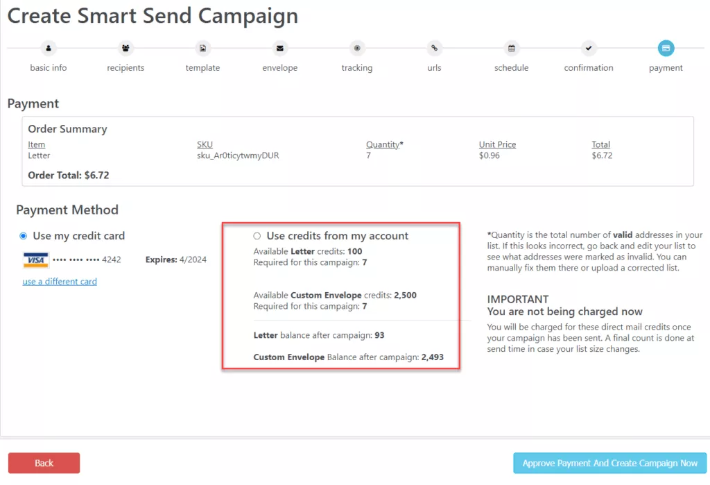 Smart Send Wizard Direct Mail Credit Payment Option