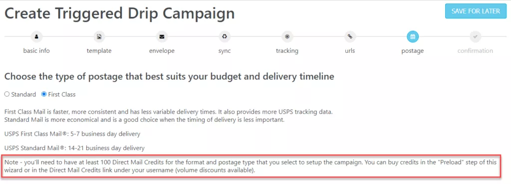 Triggered Drip Wizard Choose Postage Type Page