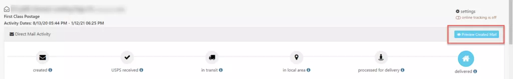 pURL QR Test Preview Created Mail Campaign Dashboard
