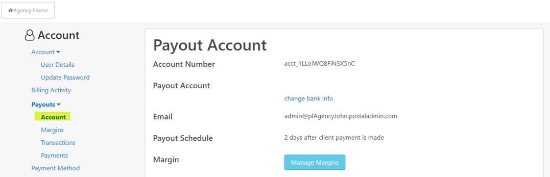 payout agency account info- postalytics agency edition