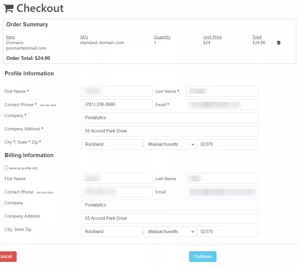 Vanity Domain Order Checkout Page