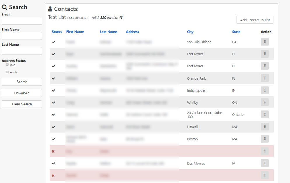 Invalid contact records list