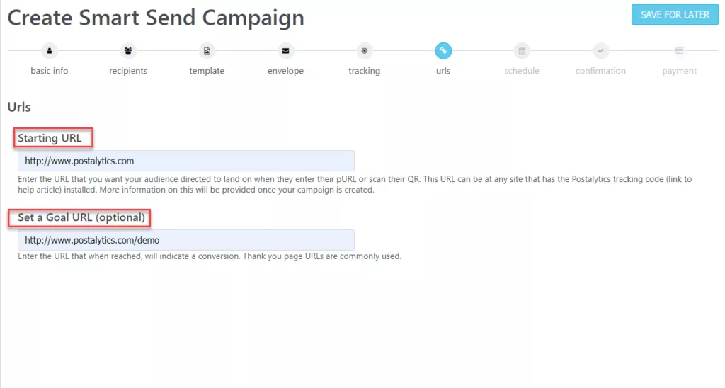 Smart Send Wizard Starting URL Goal URL Page