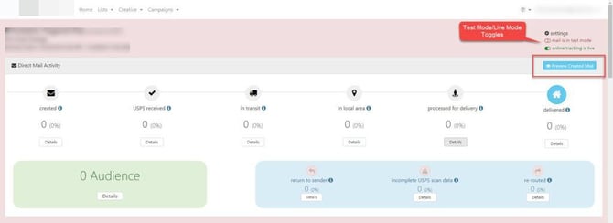 Triggered Drip Dashboard View to Preview Created Mail Test Mode Toggle