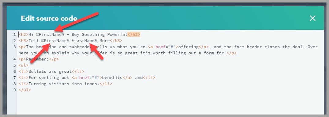 personalize HubSpot landing pages with pURLs - page HTML