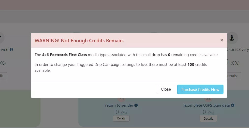Purchase Credits Warning Pop Up Direct Mail