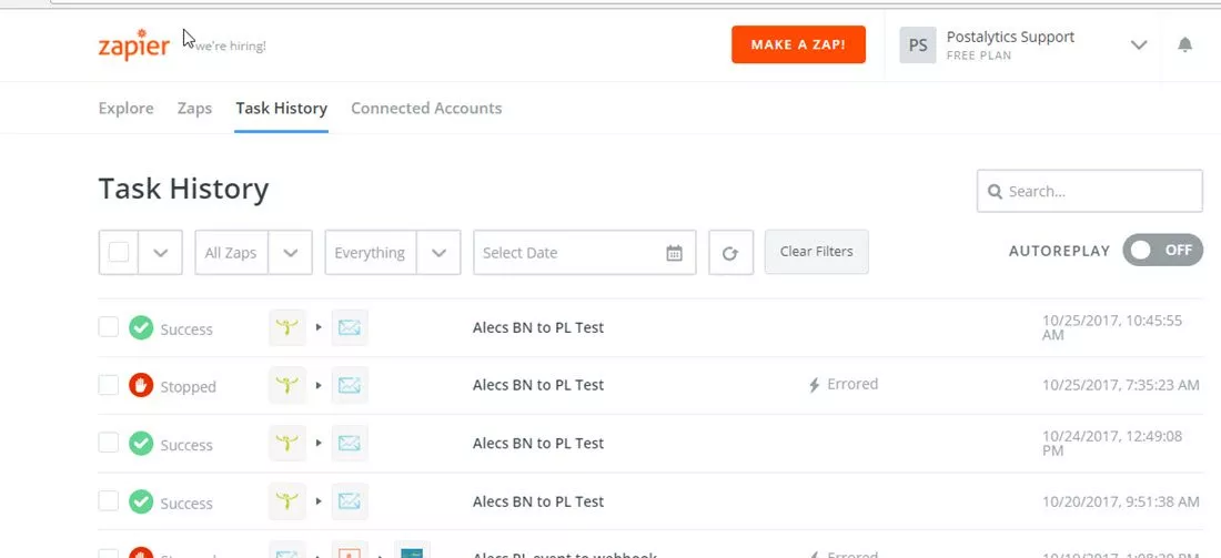 send direct mail zapier action - zapier task history
