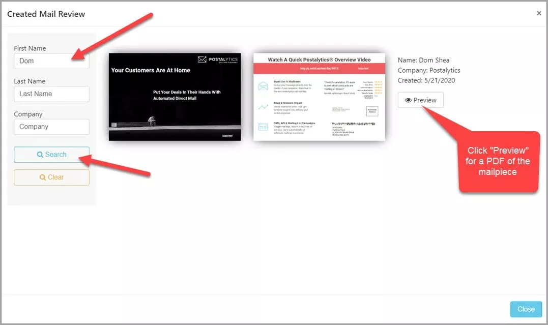 created mail review search function