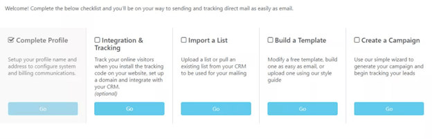 Postalytics Getting Started Menu Set Up Steps