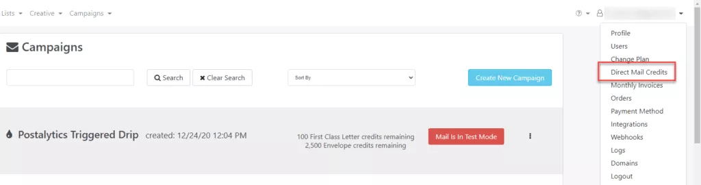 Smart Send Wizard Pre Purchase Direct Mail Credits Drop Down