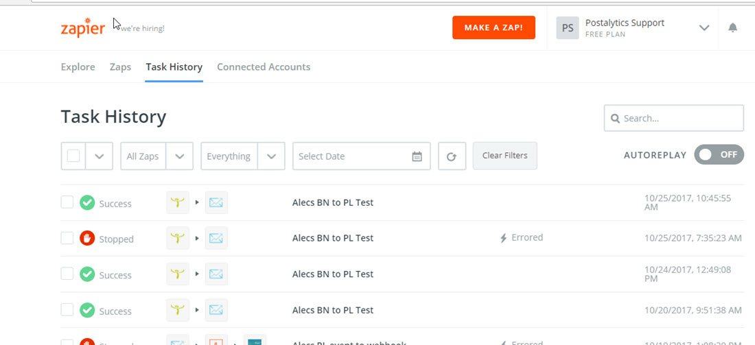 send direct mail zapier action - zapier task history