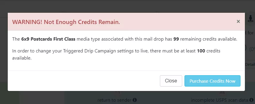 Campaign Dashboard Credits Needed Warning Pop Up