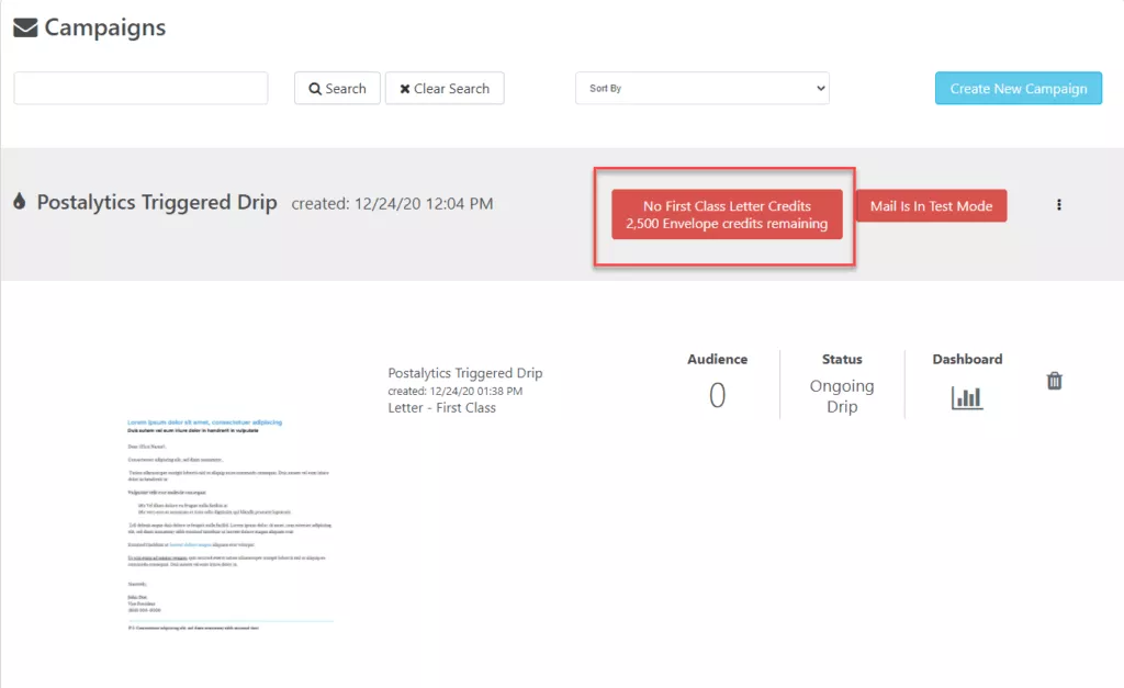 Campaign Dashboard Direct Mail Credits